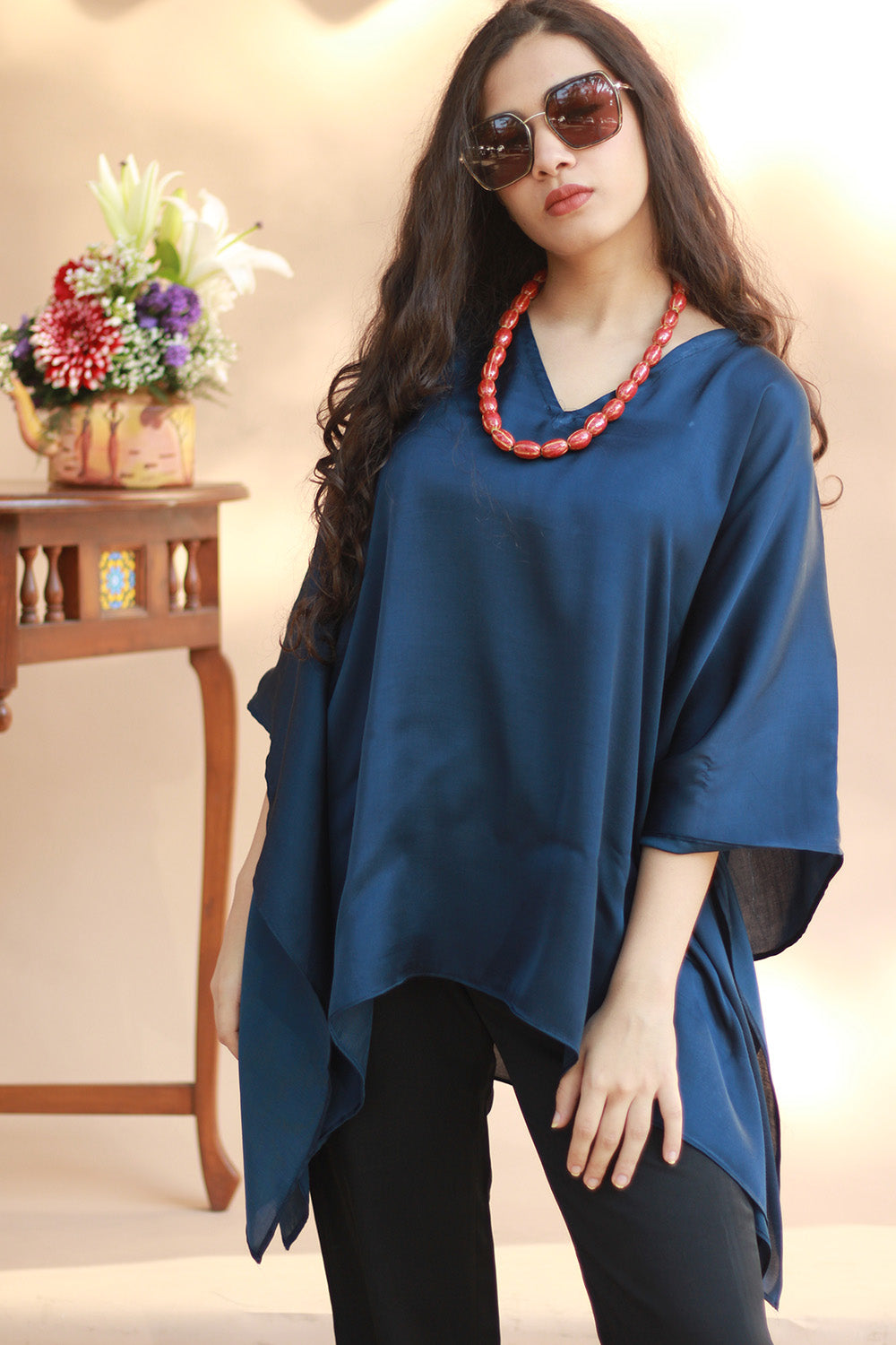 Taarini | Modal Silk Kaftan Top | Navy Blue