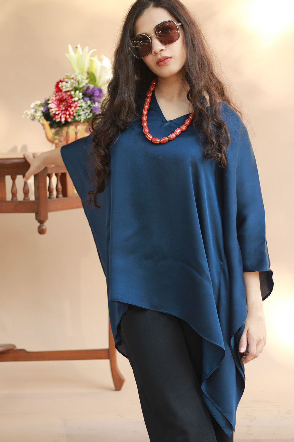 Taarini | Modal Silk Kaftan Top | Navy Blue
