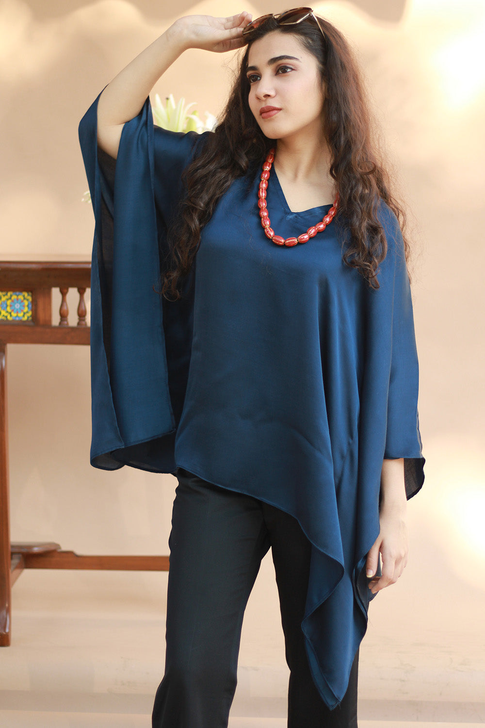 Taarini | Modal Silk Kaftan Top | Navy Blue