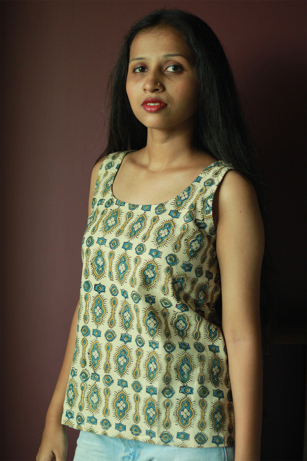 Sleeveless Top | Cotton | Beige Ajrakh