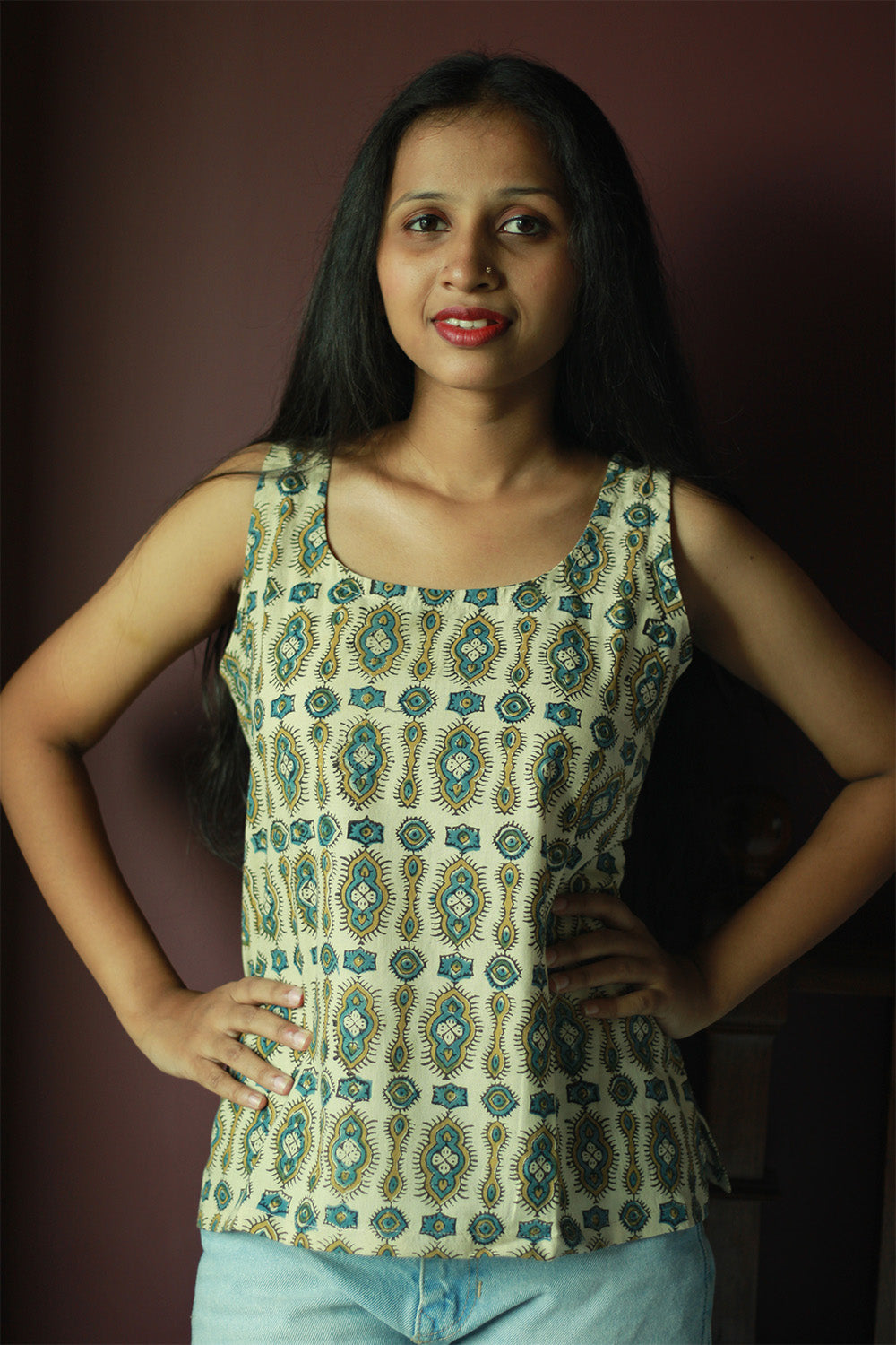 Sleeveless Top | Cotton | Beige Ajrakh