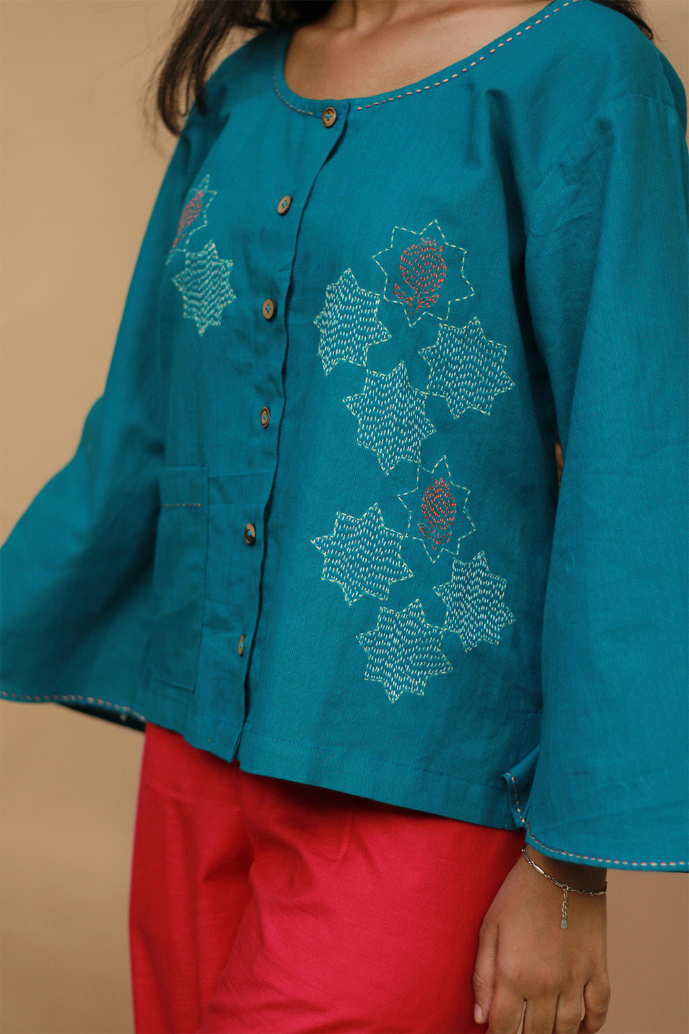 Ambrai | Embroidered Cotton Shirt | Azure Blue