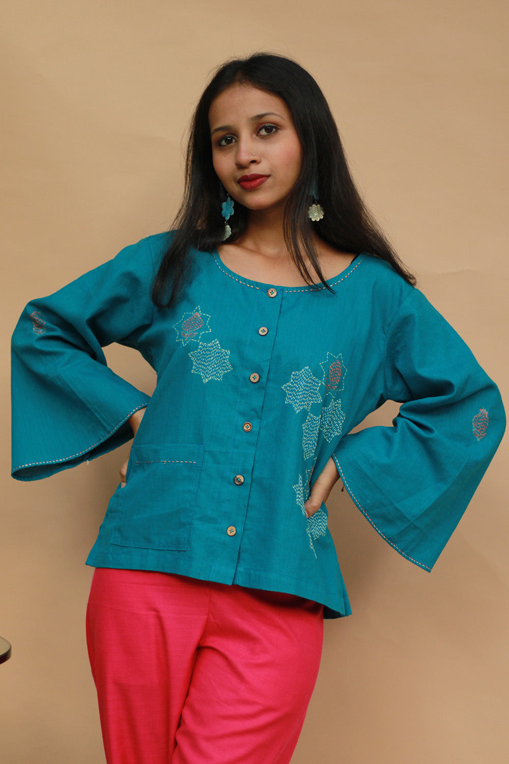 Ambrai | Embroidered Cotton Shirt | Azure Blue