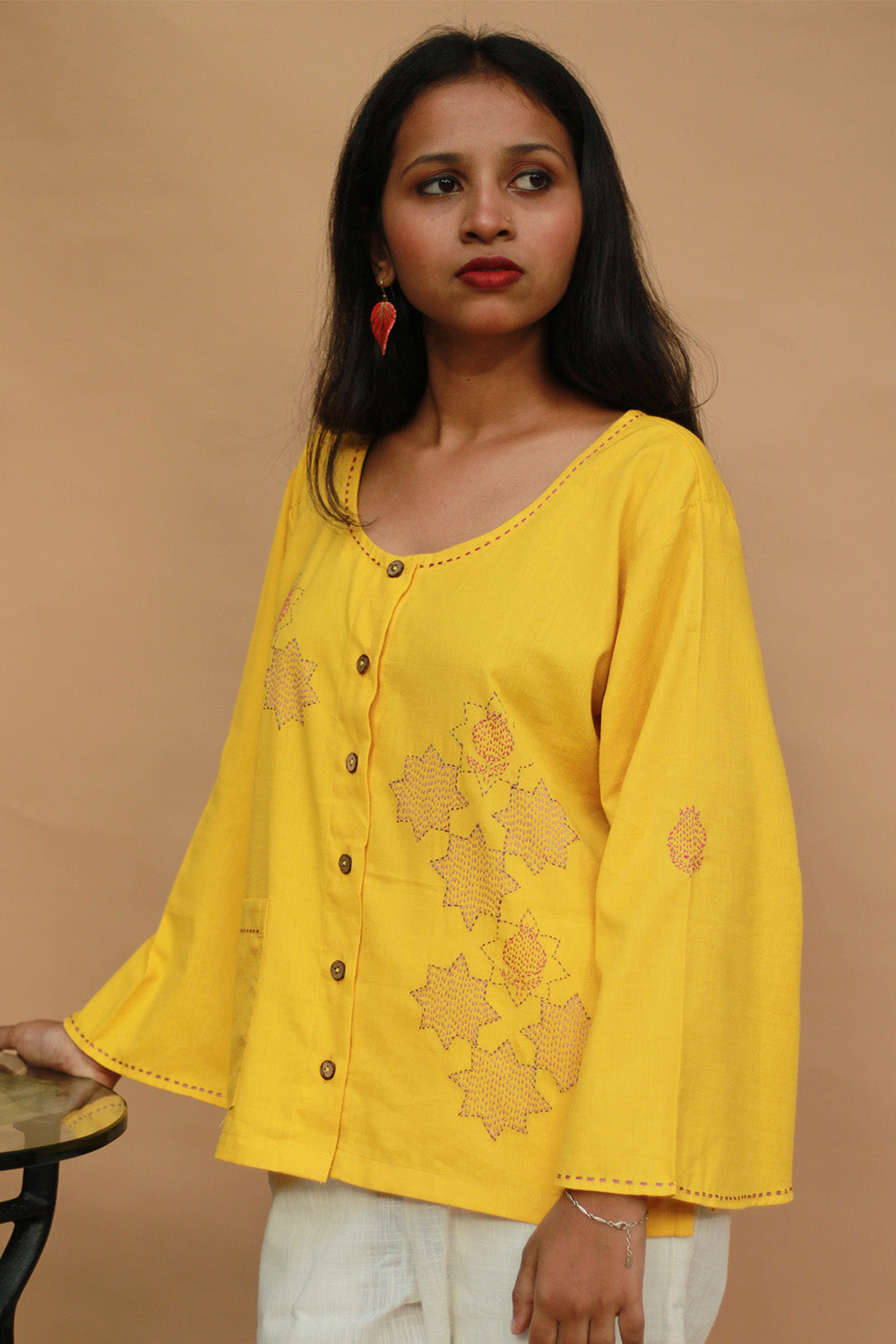 Ambrai | Embroidered Cotton Shirt | Chrome Yellow