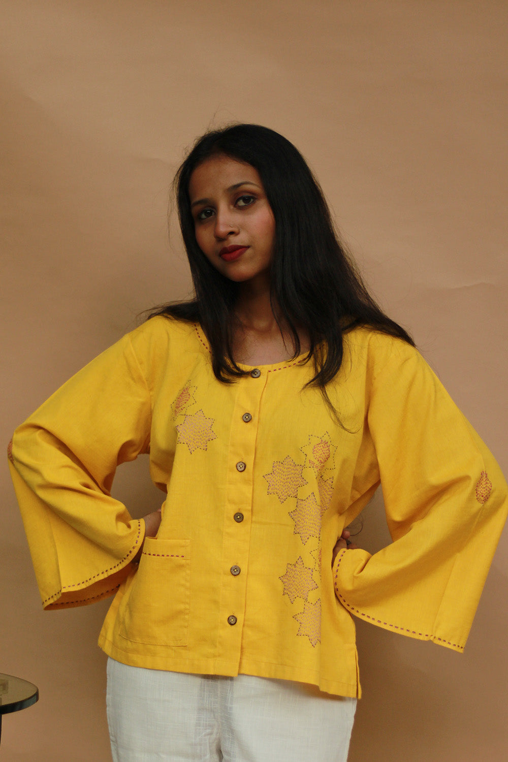 Ambrai | Embroidered Cotton Shirt | Chrome Yellow
