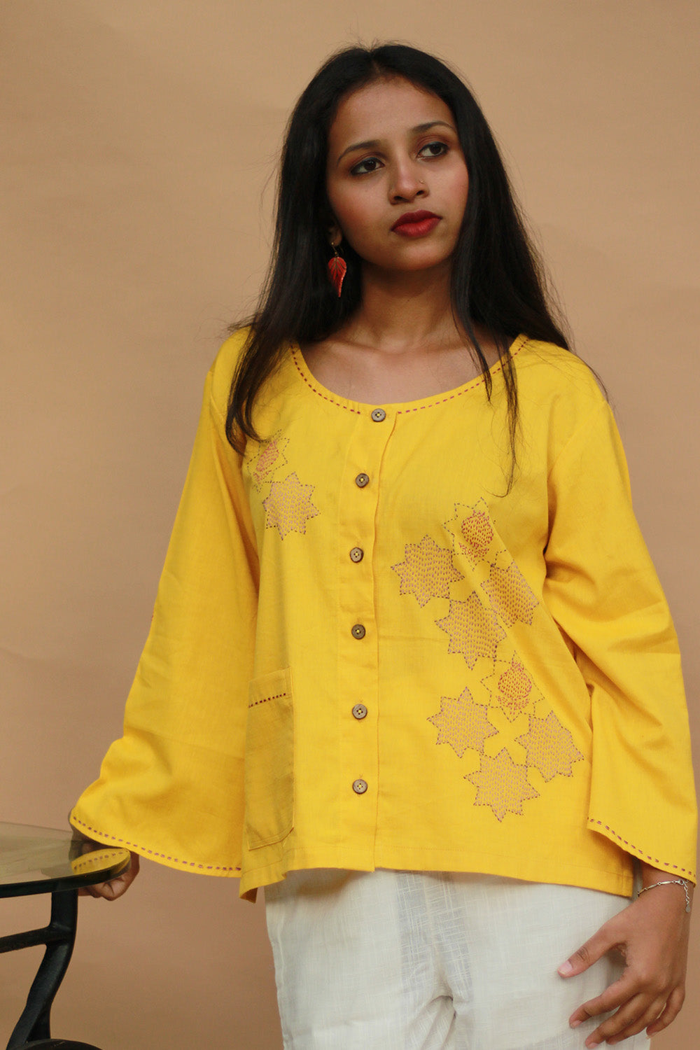 Ambrai | Embroidered Cotton Shirt | Chrome Yellow