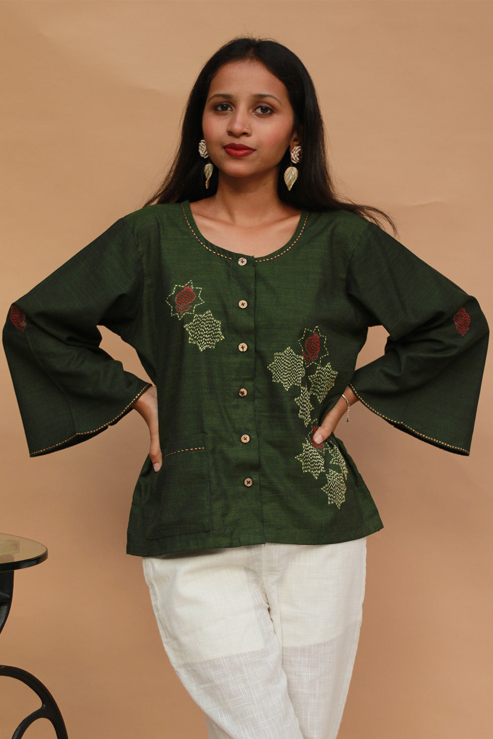 Ambrai | Embroidered Cotton Shirt | Forest Green