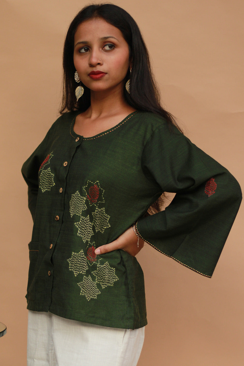 Ambrai | Embroidered Cotton Shirt | Forest Green