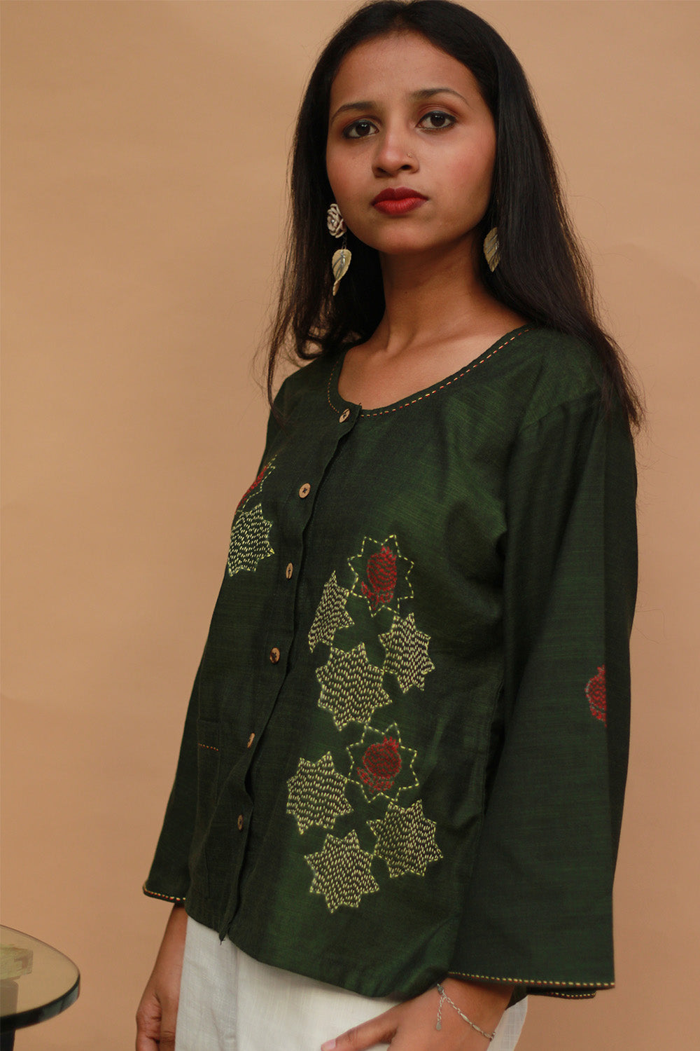 Ambrai | Embroidered Cotton Shirt | Forest Green