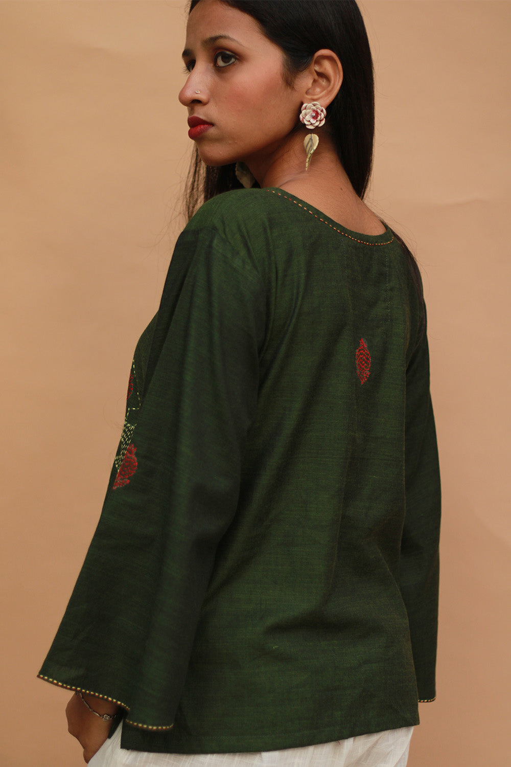 Ambrai | Embroidered Cotton Shirt | Forest Green