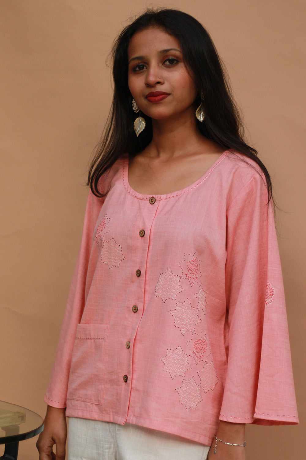 Ambrai | Embroidered Cotton Shirt | Peach