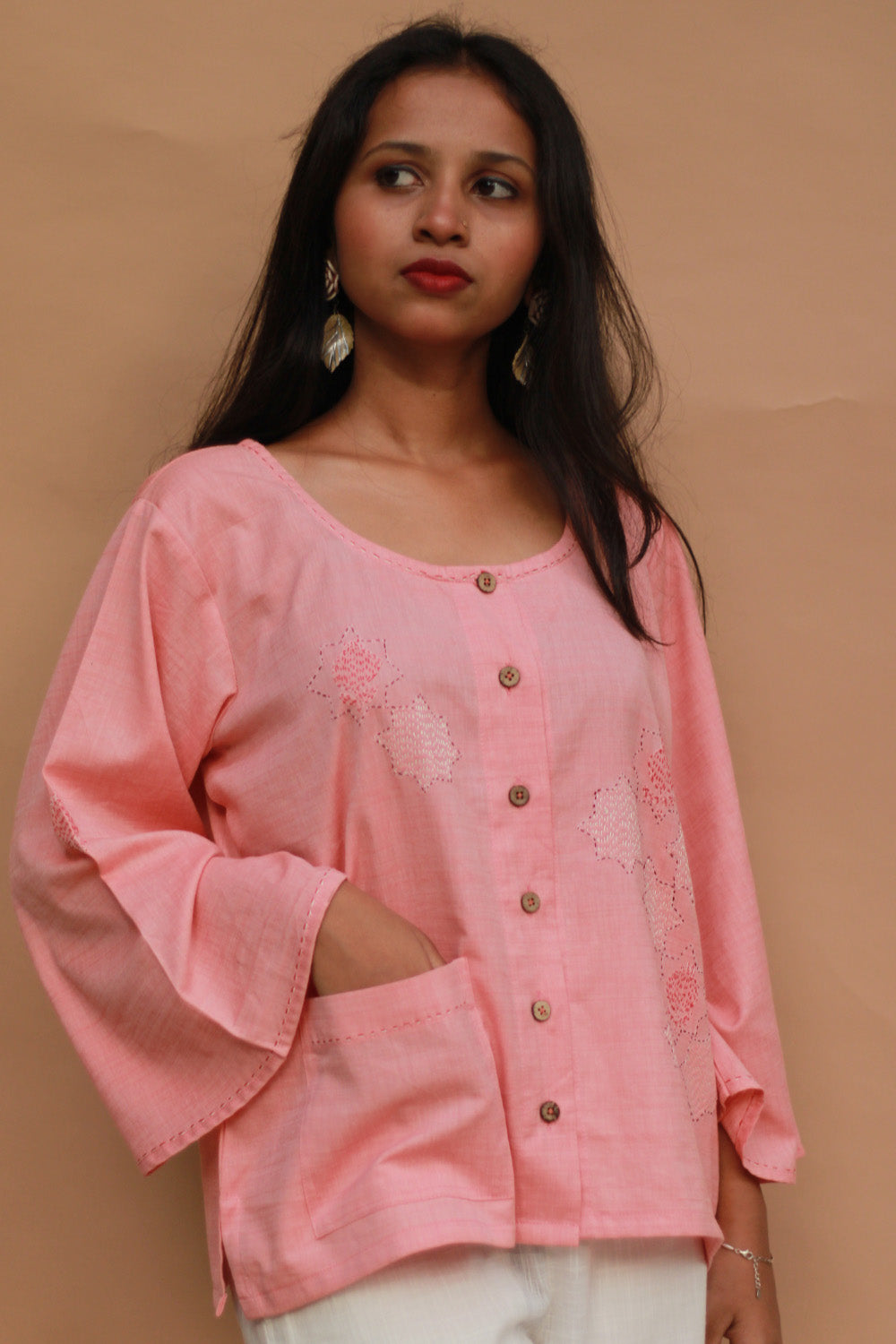 Ambrai | Embroidered Cotton Shirt | Peach