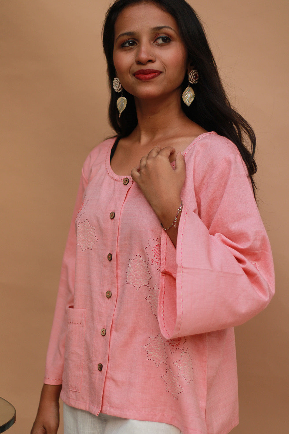 Ambrai | Embroidered Cotton Shirt | Peach