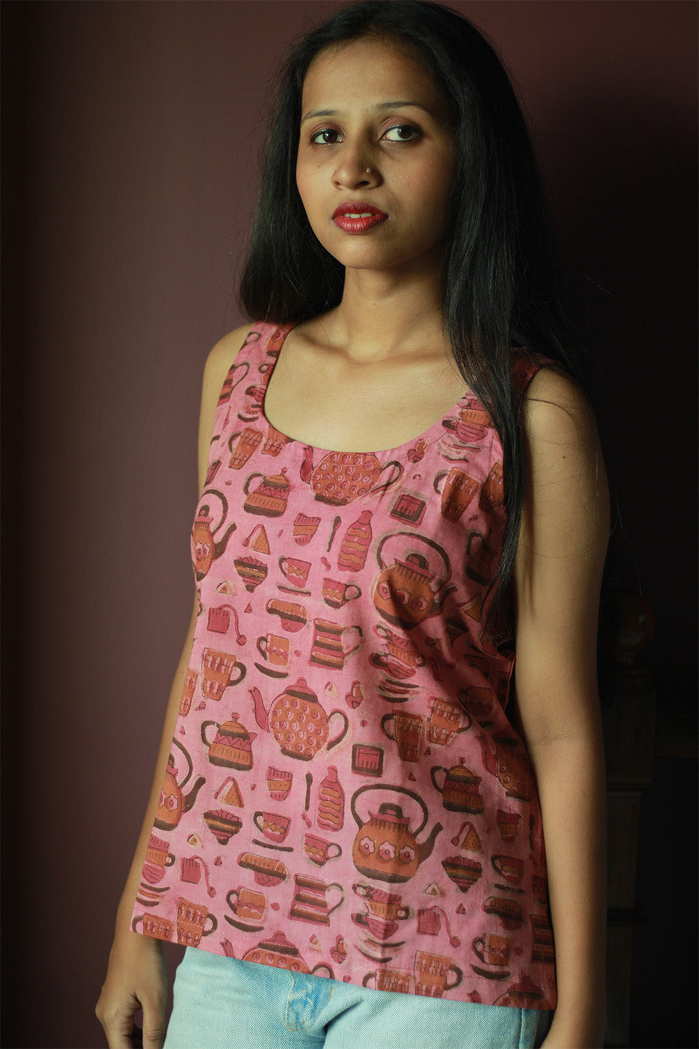 Sleeveless Top | Cotton | Pink Ajrakh