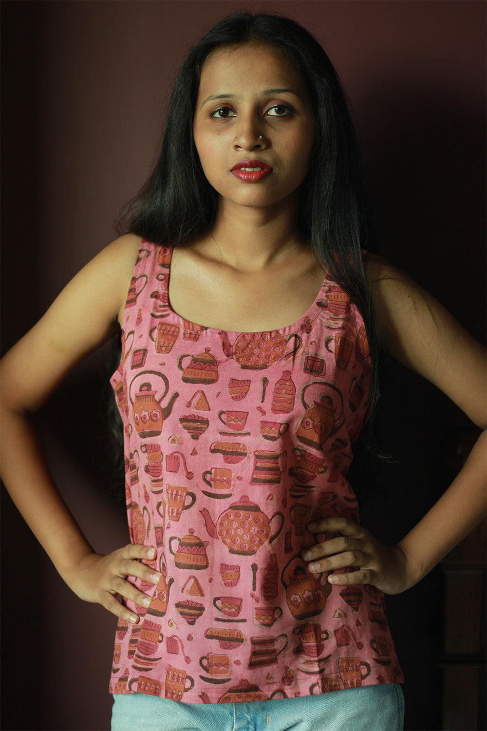 Sleeveless Top | Cotton | Pink Ajrakh