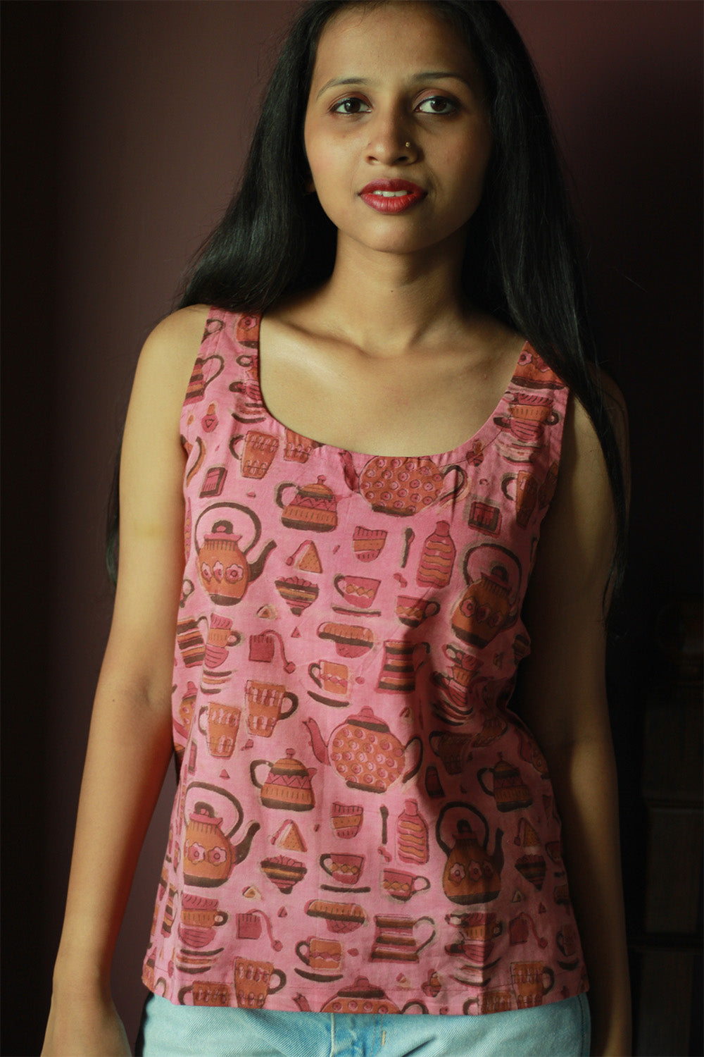 Sleeveless Top | Cotton | Pink Ajrakh