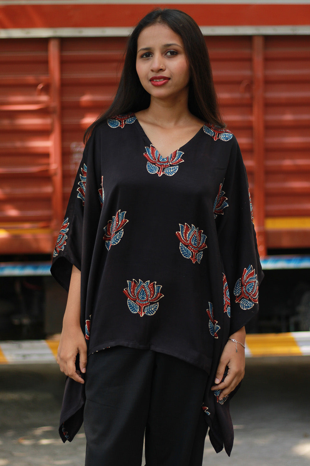 Saroj | Taarini | Modal Silk Kaftan Top | Noir Lotus Ajrakh