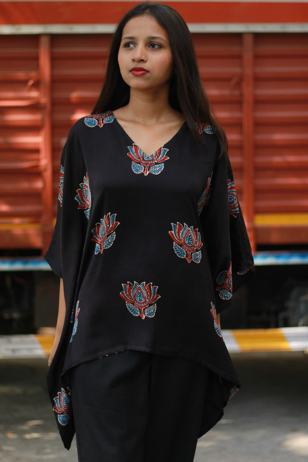 Saroj | Taarini | Modal Silk Kaftan Top | Noir Lotus Ajrakh