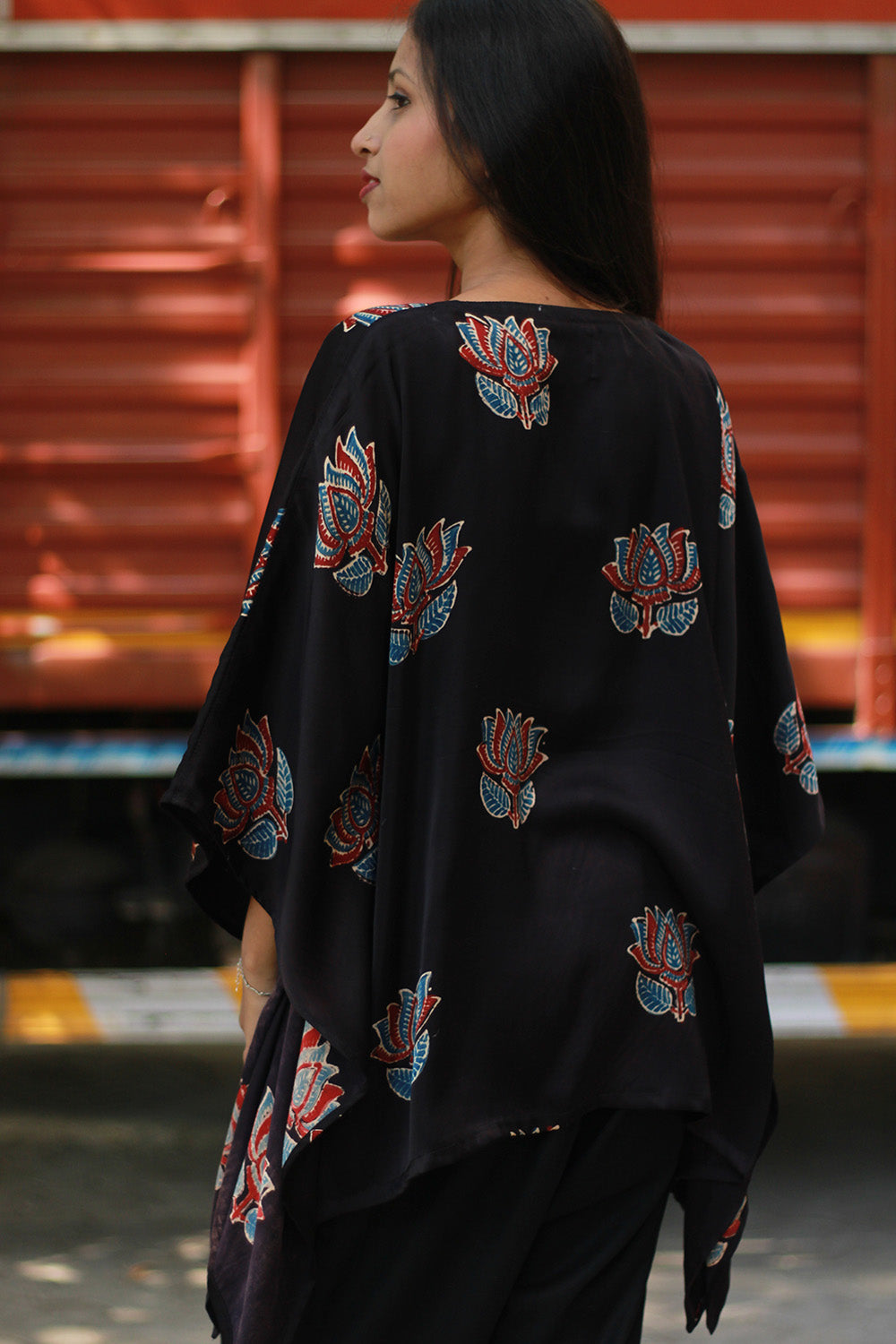 Saroj | Taarini | Modal Silk Kaftan Top | Noir Lotus Ajrakh
