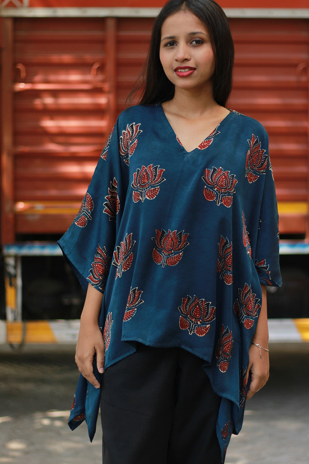 Saroj | Taarini | Modal Silk Kaftan Top | Navy Lotus Ajrakh