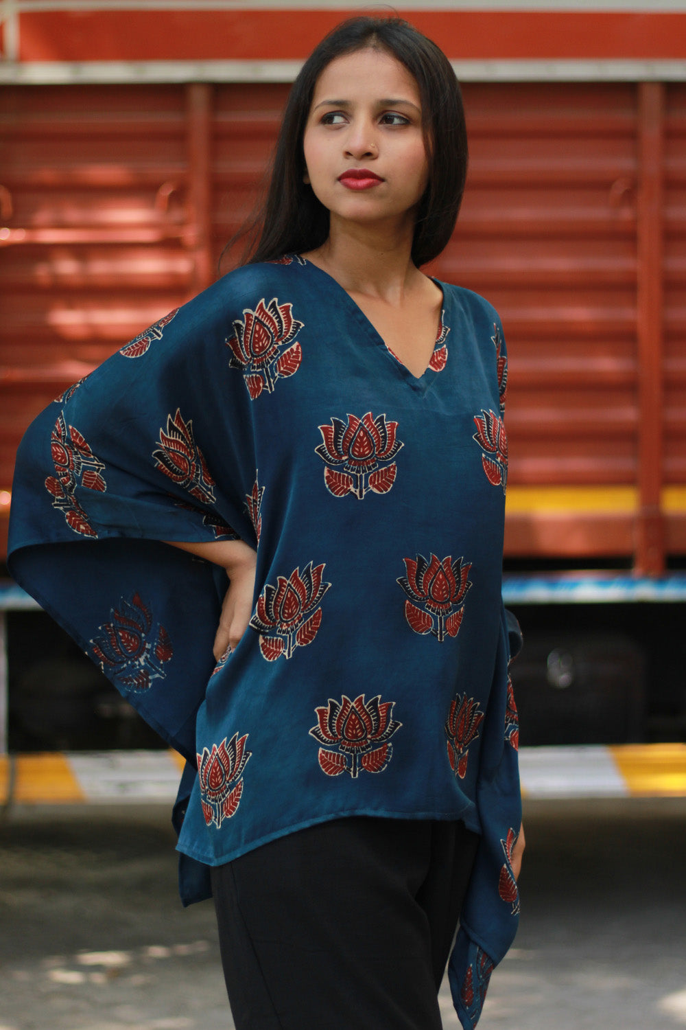 Saroj | Taarini | Modal Silk Kaftan Top | Navy Lotus Ajrakh