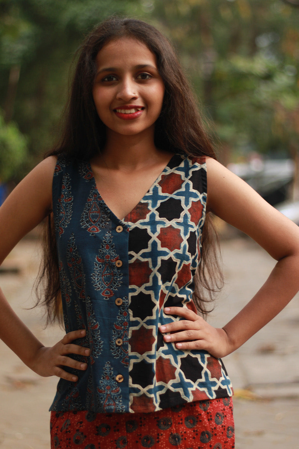 Front Buttoned Vest | Cotton | Blue Booti with Madder Shatkon Ajrakh