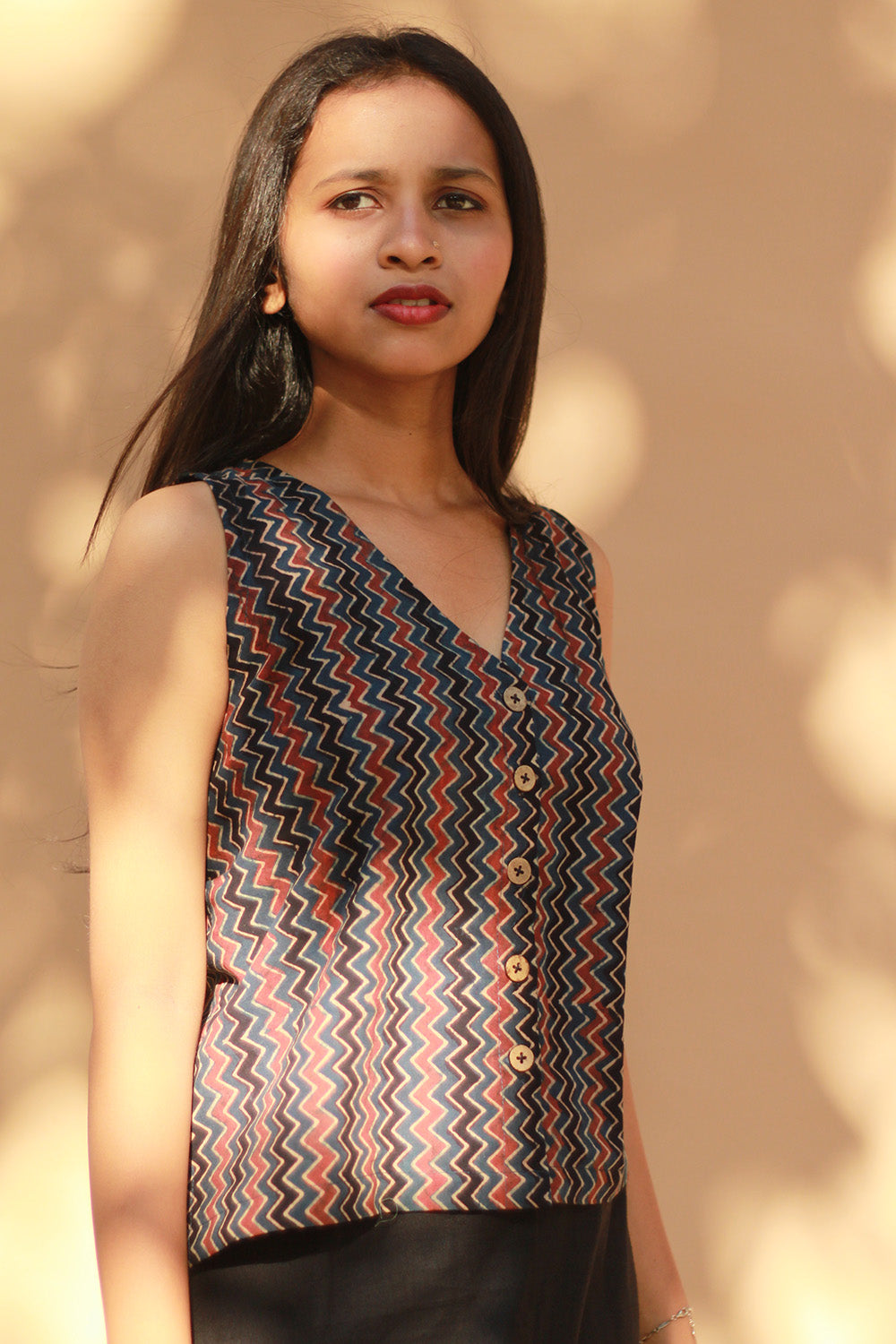 Dhaariyan | Front Buttoned Vest | Blue Chevron Ajrakh