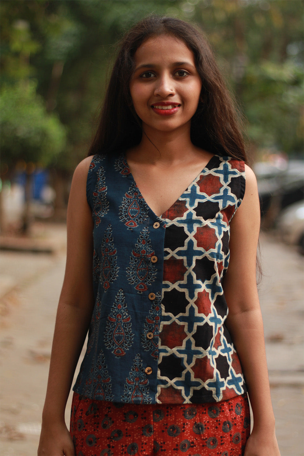 Front Buttoned Vest | Cotton | Blue Booti with Madder Shatkon Ajrakh