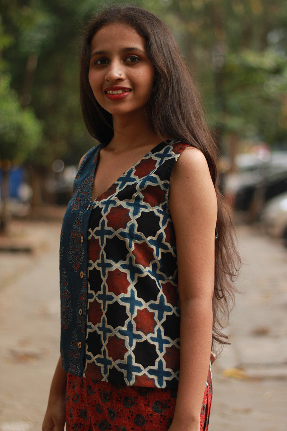 Front Buttoned Vest | Cotton | Blue Booti with Madder Shatkon Ajrakh