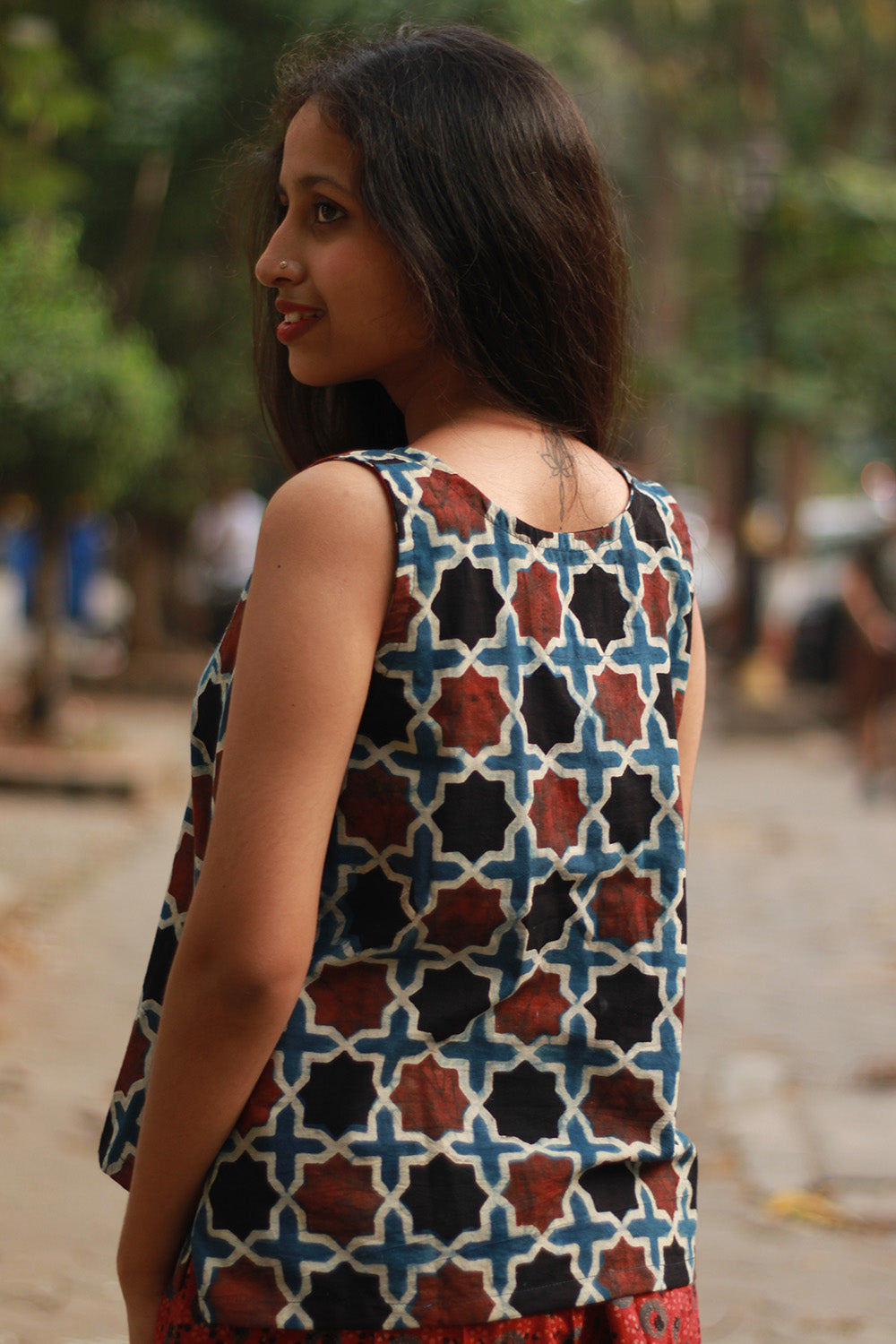 Front Buttoned Vest | Cotton | Blue Booti with Madder Shatkon Ajrakh