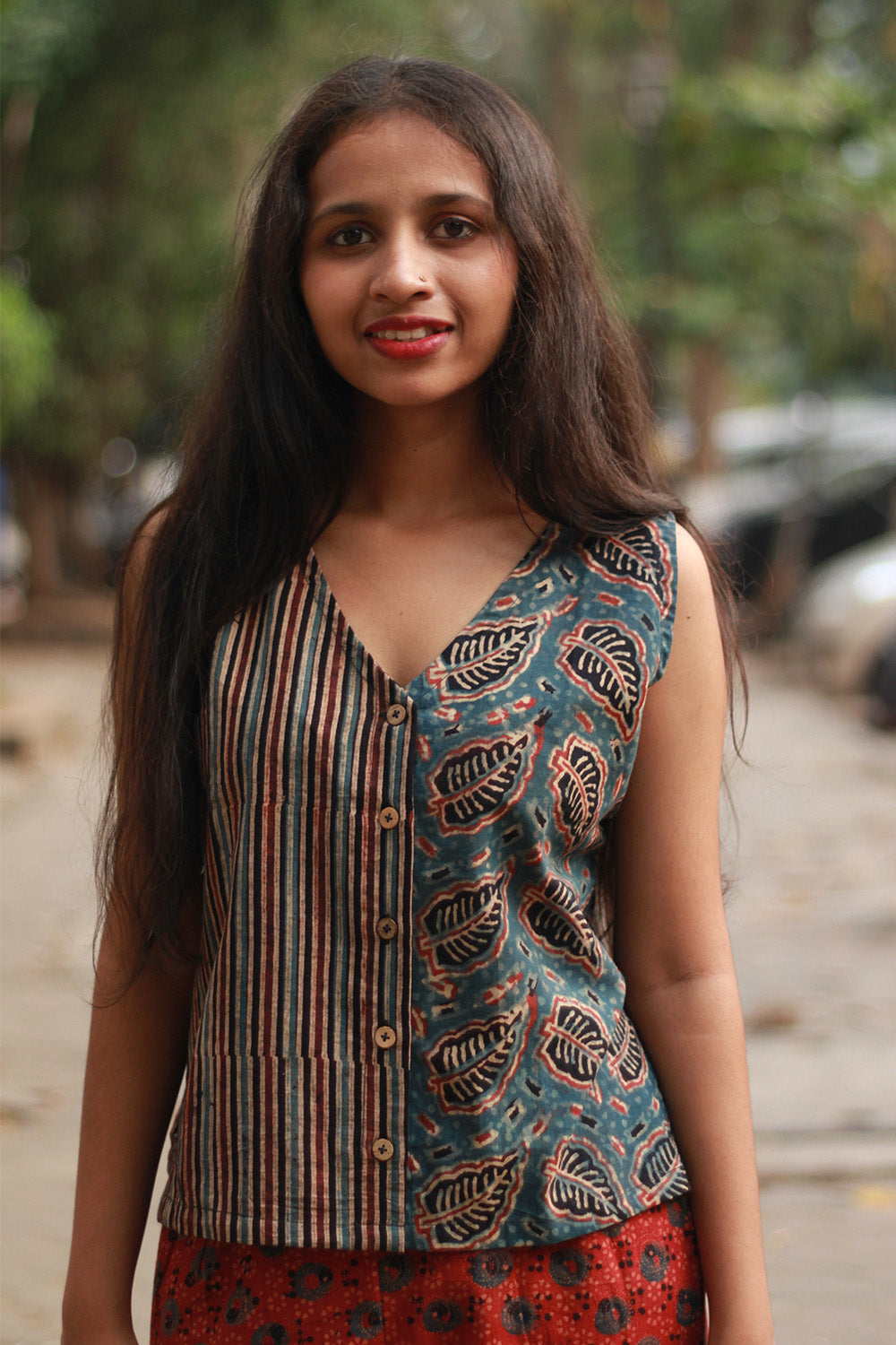 Dhaariyan | Front Buttoned Vest | Cotton | Blue Leaves with Stripes Ajrakh