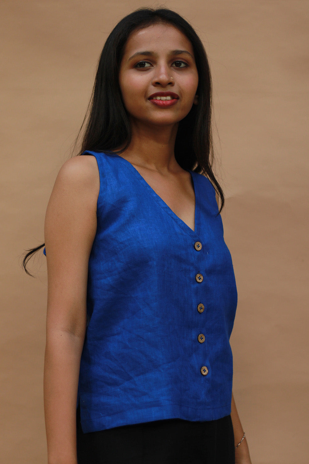 Front Buttoned Vest | Linen | Prussian Blue
