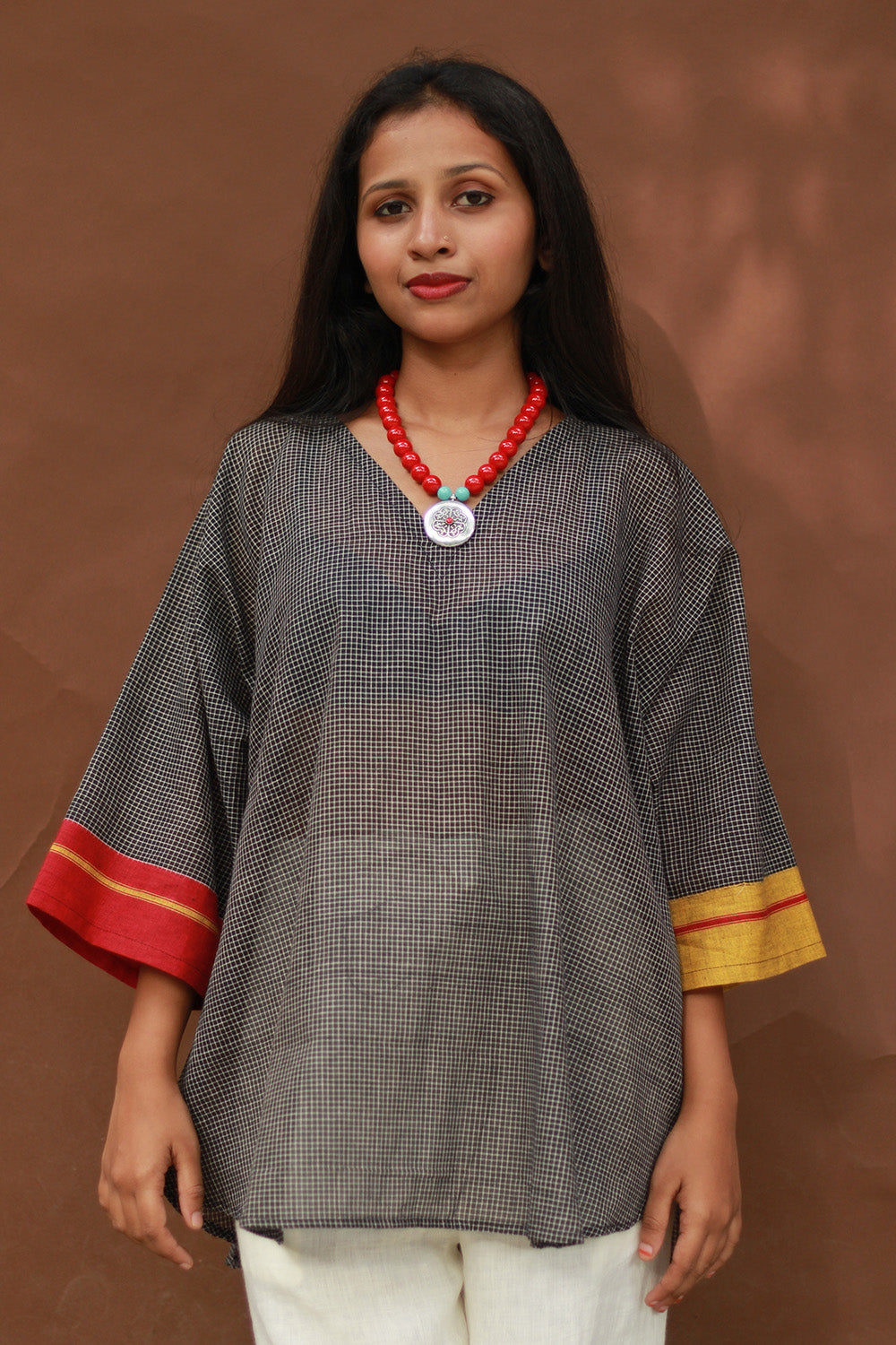 Taral | Anti Fit Cotton Top | Patteda Anchu | Noir with Yellow & Rouge