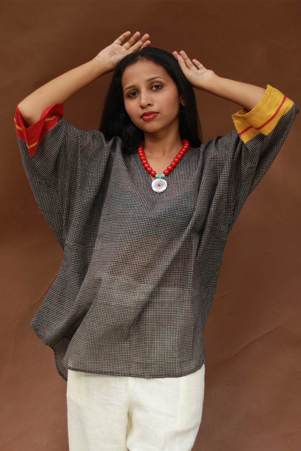 Taral | Anti Fit Cotton Top | Patteda Anchu | Noir with Yellow & Rouge
