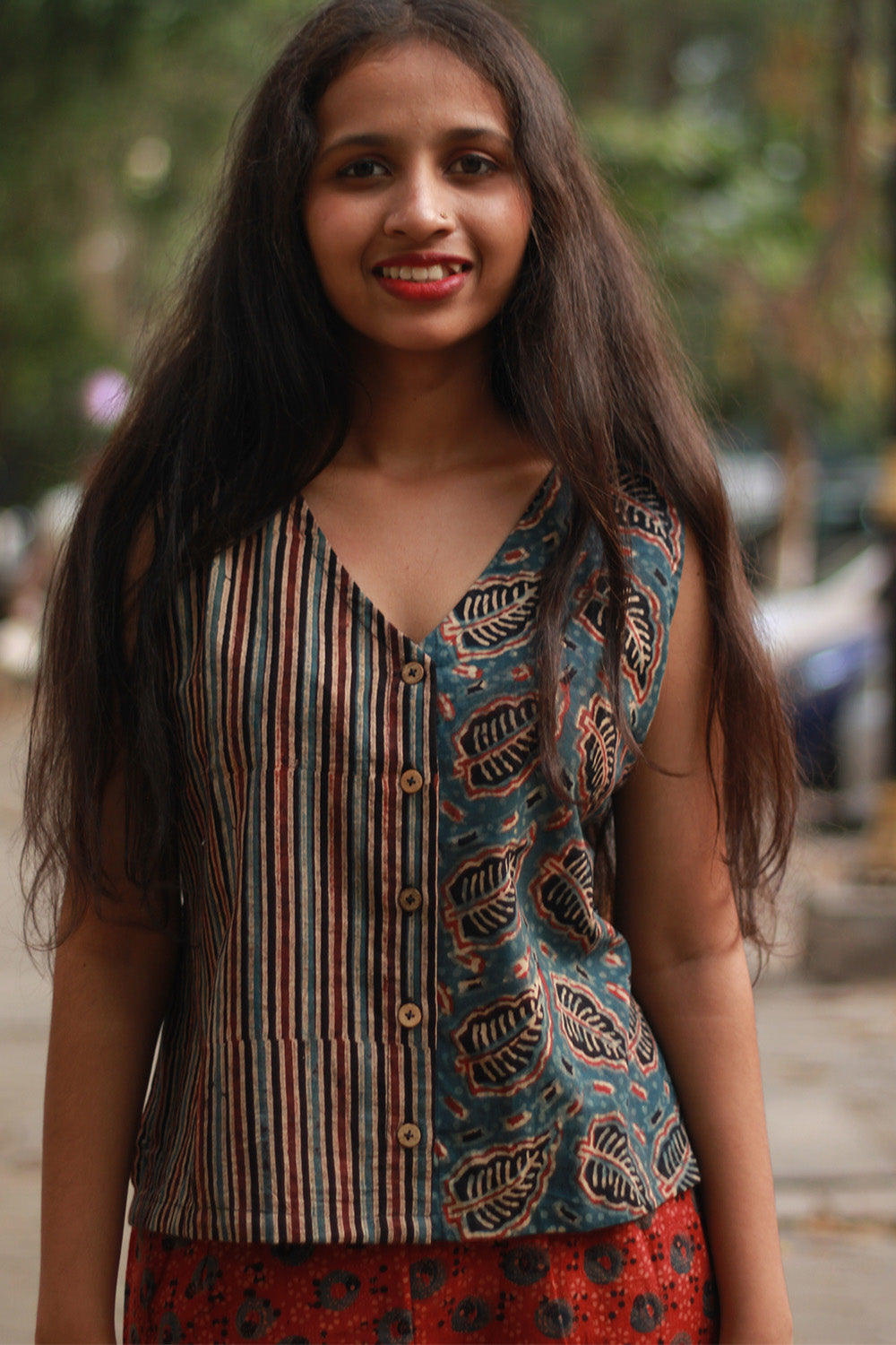 Dhaariyan | Front Buttoned Vest | Cotton | Blue Leaves with Stripes Ajrakh