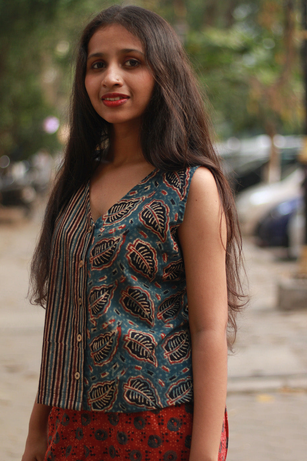 Dhaariyan | Front Buttoned Vest | Cotton | Blue Leaves with Stripes Ajrakh