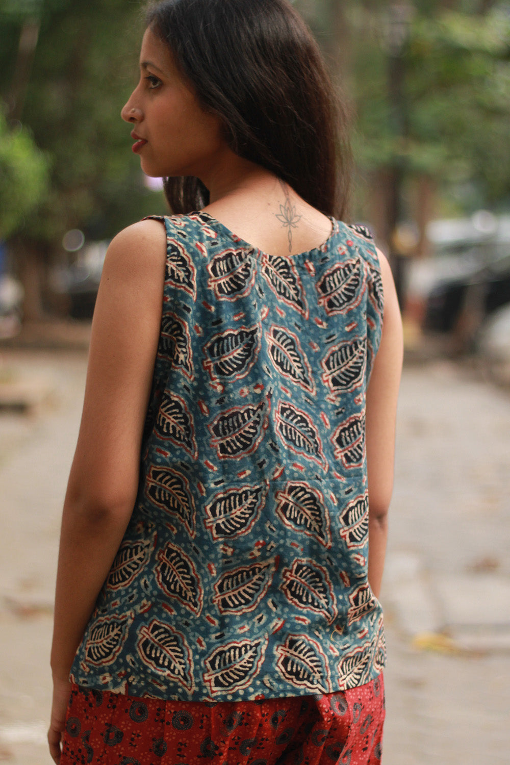 Dhaariyan | Front Buttoned Vest | Cotton | Blue Leaves with Stripes Ajrakh