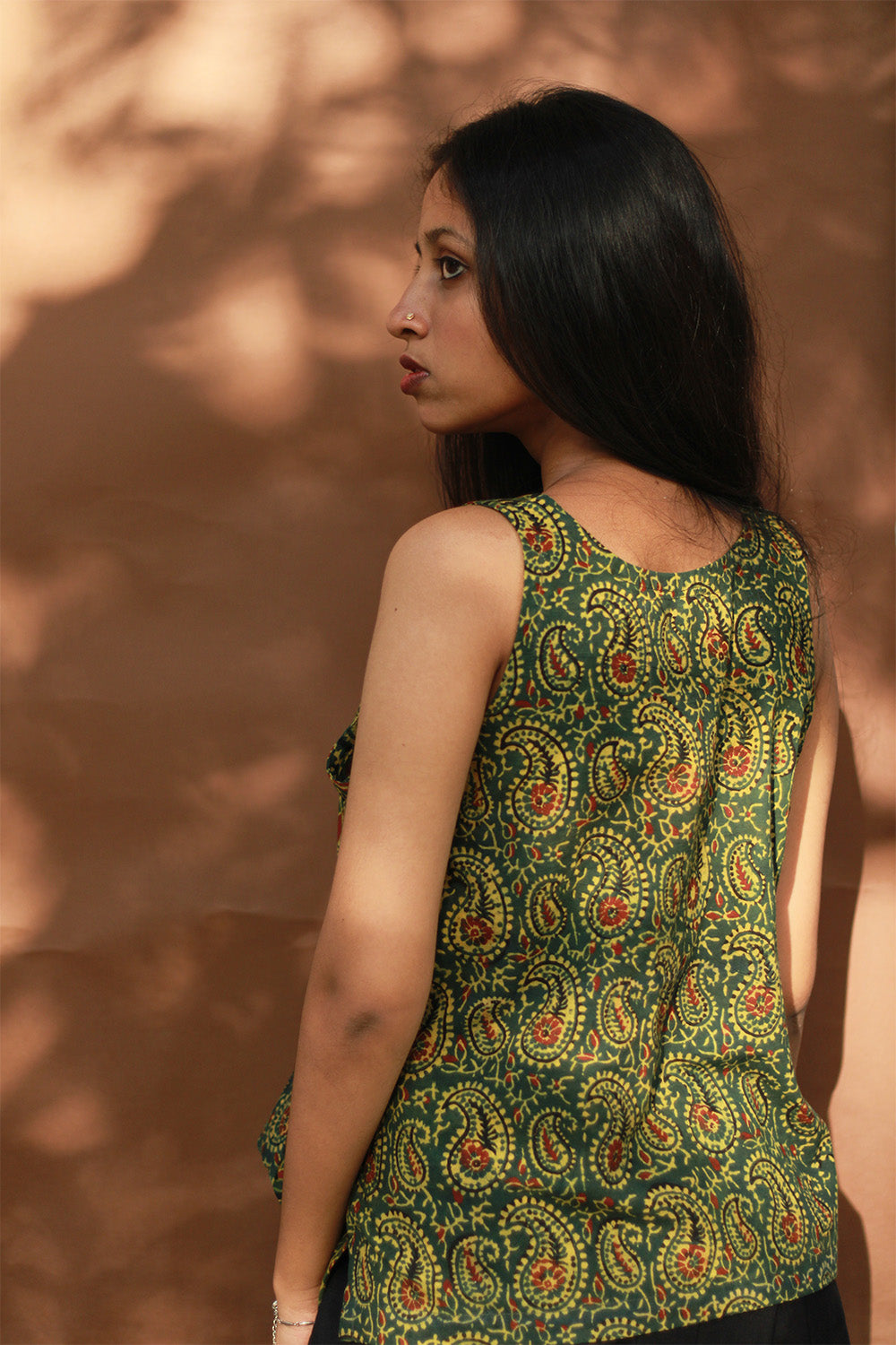 Bhoomi | Sleeveless Crossover Top | Green Kairi & Leaves Ajrakh