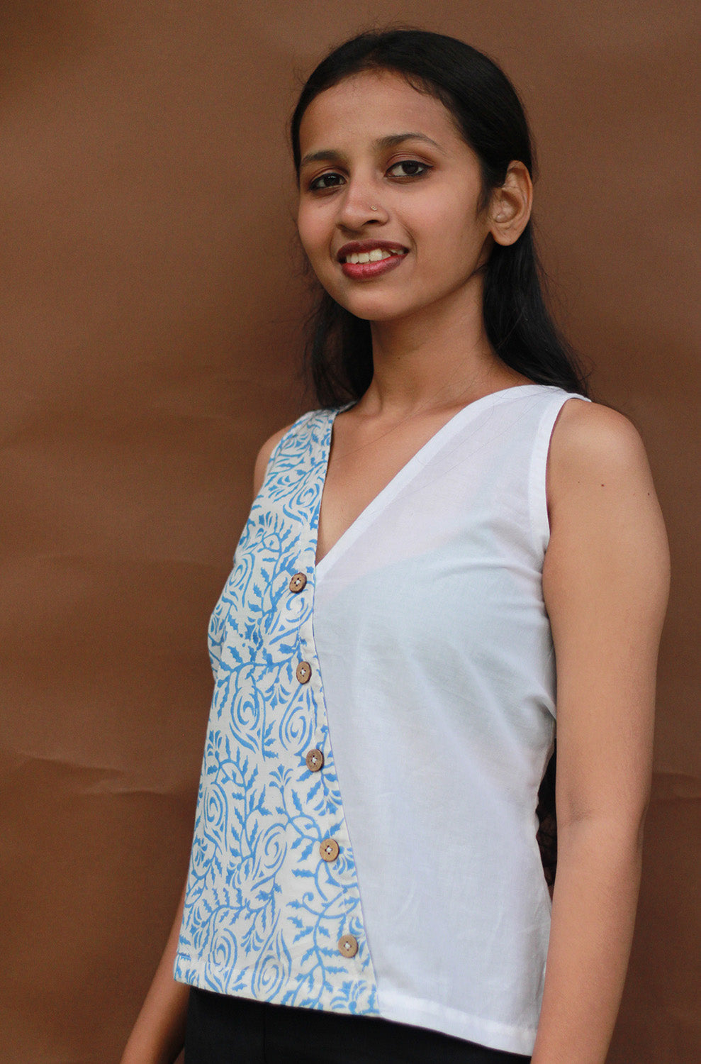 Bhoomi | Sleeveless Crossover Top | Ivory & Blue