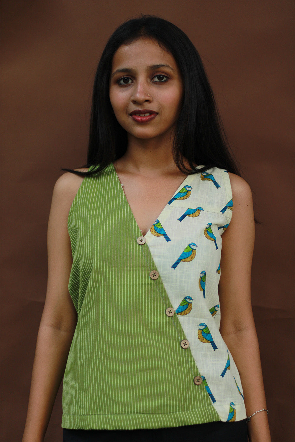 Bhoomi | Sleeveless Crossover Top | Green Stripes with Birds