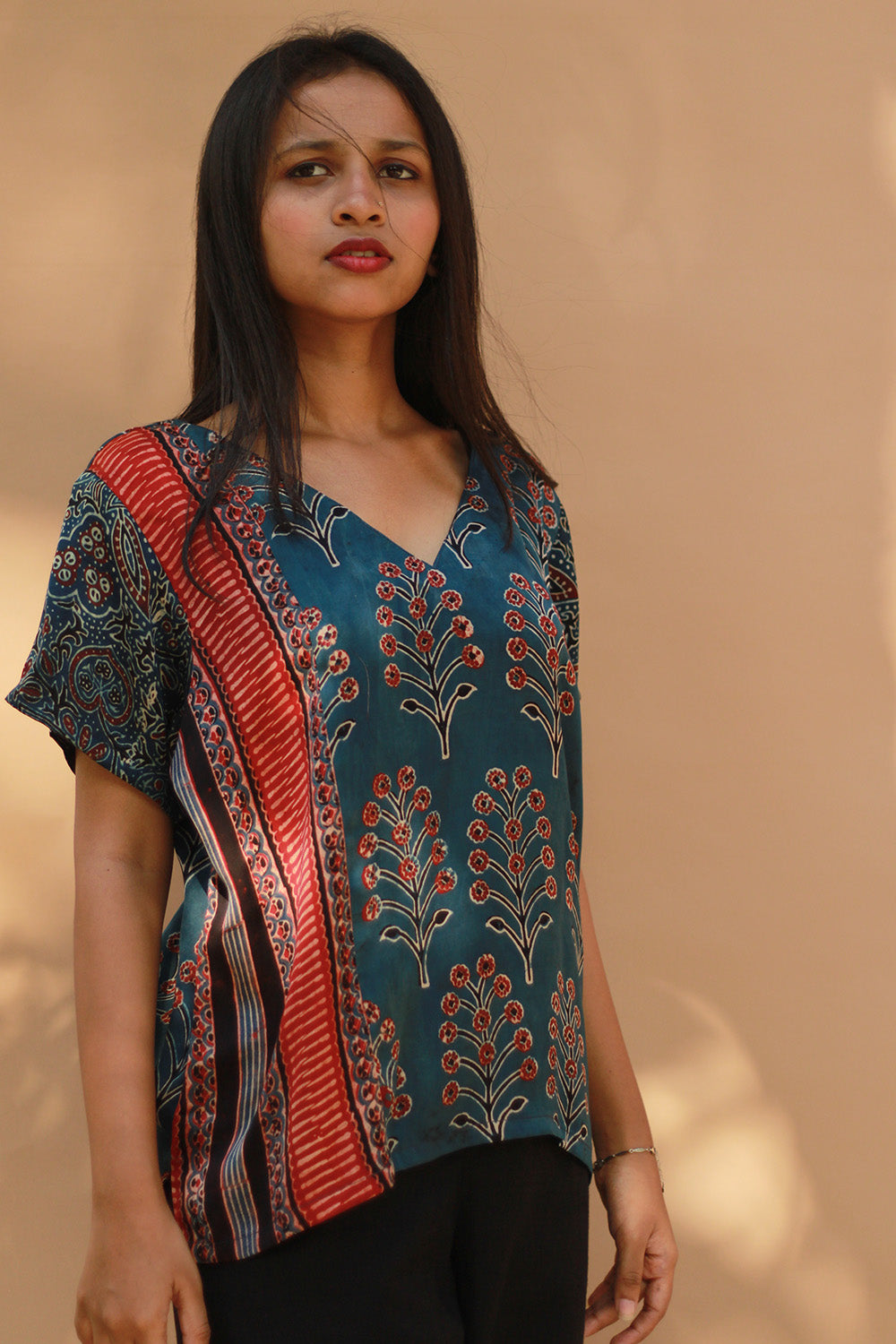 Modal Silk Top | Blue Booti with Madder Stripes Ajrakh