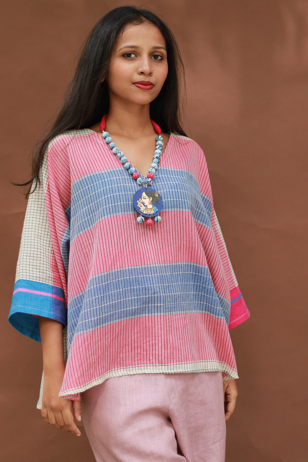 Taral | Anti Fit Cotton Top | Patteda Anchu | Ivory with Fuschia & Lavender