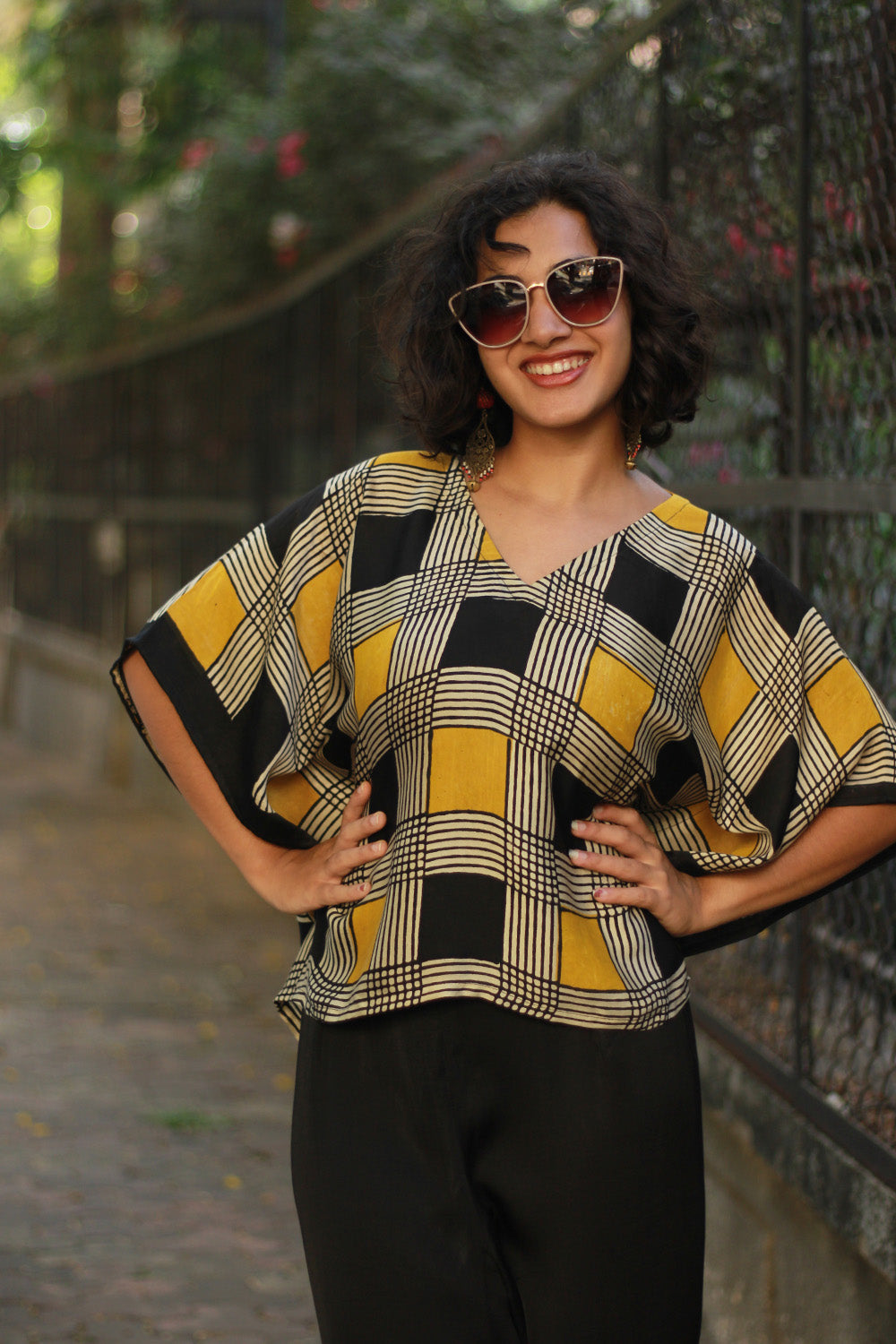 Taarini Mini | Modal Silk Kaftan Top | Noir & Gold Checks