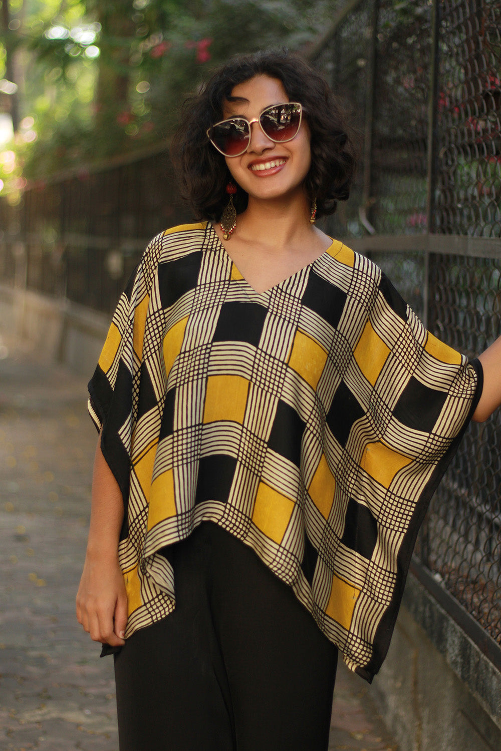 Taarini Mini | Modal Silk Kaftan Top | Noir & Gold Checks