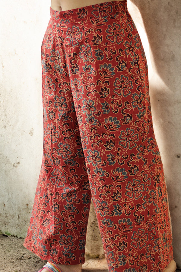 Rasika | Wide Leg Pants | Rust Floral Ajrakh