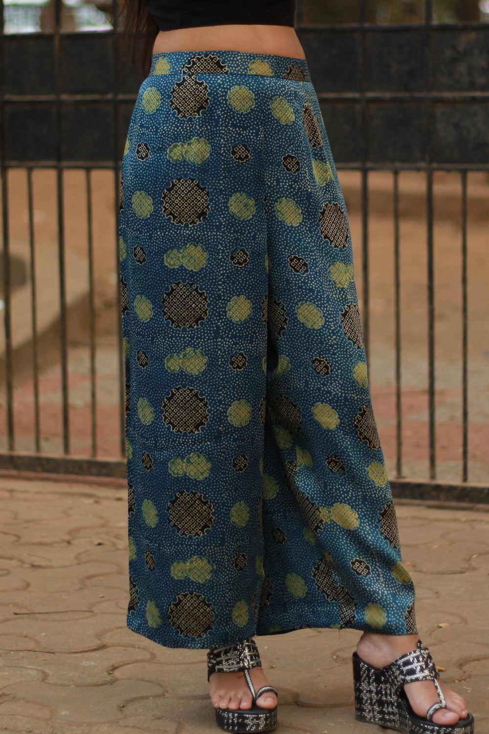 Saumya | Wide Leg Pants | Modal Silk | Sea Green Ajrakh