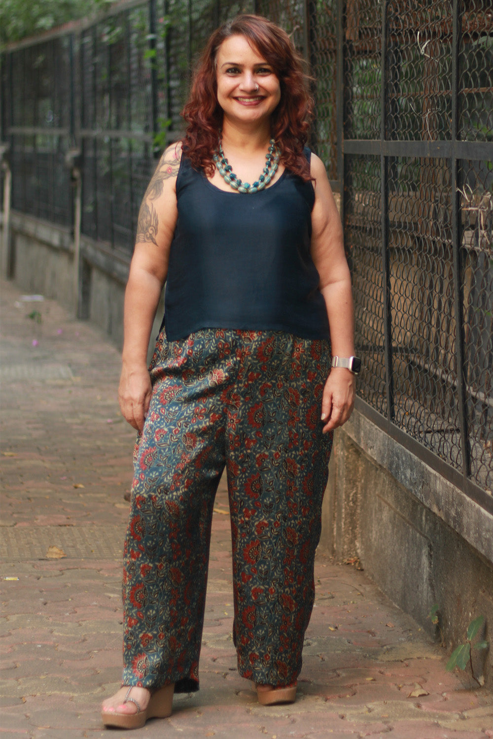 Saumya | Wide Leg Pants | Modal Silk | Blue Floral Ajrakh