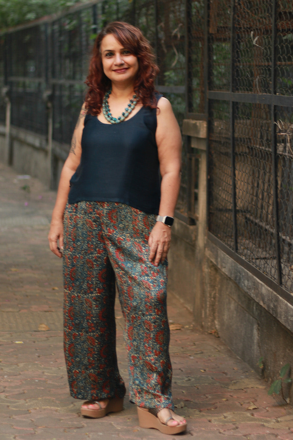 Saumya | Wide Leg Pants | Modal Silk | Blue Floral Ajrakh