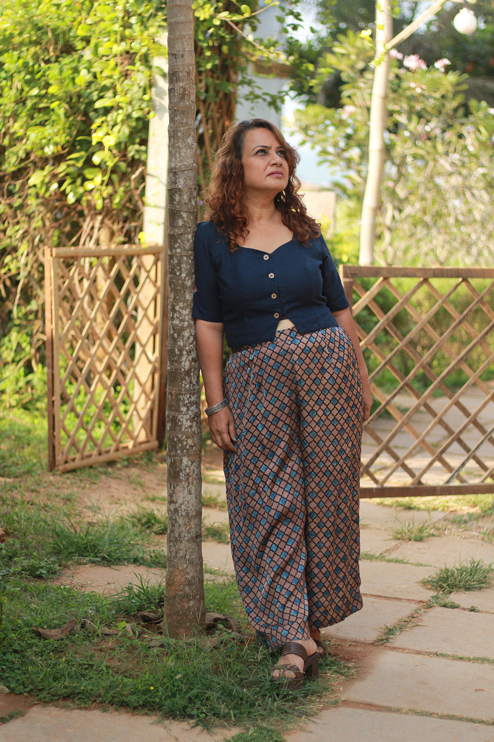 Saumya | Wide Leg Pants | Modal Silk | Tan Hexagon
