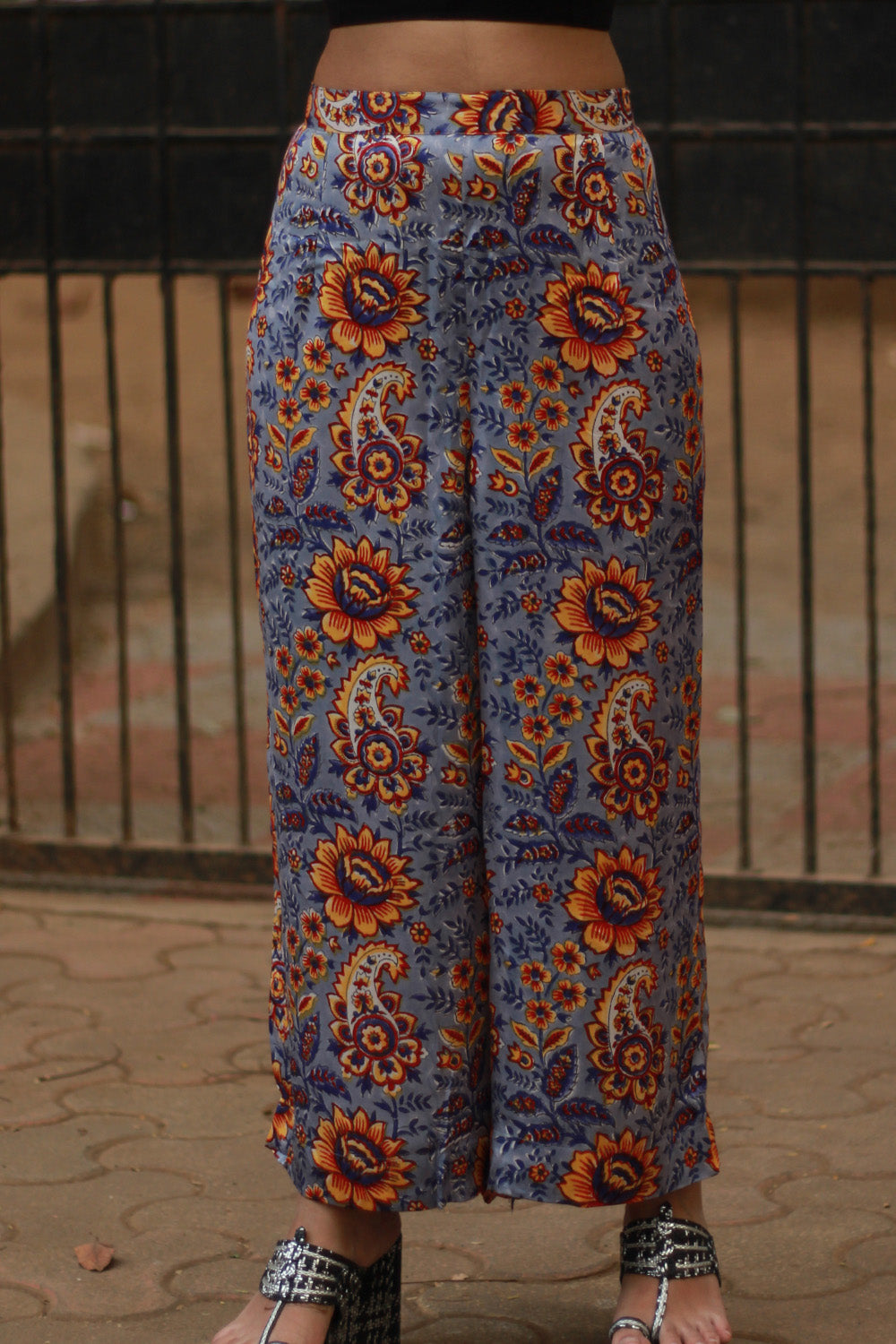 Saumya | Wide Leg Pants | Modal Silk | Periwinkle Blue Sanganeri
